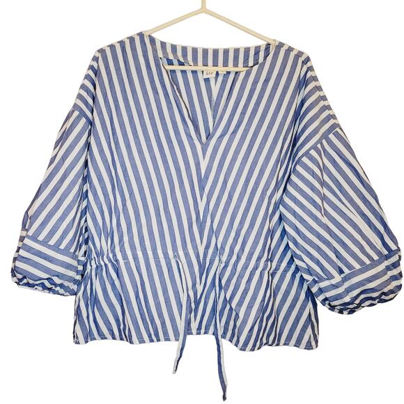 Gap blue and white chevron stripe vneck puff sleeve top Size S Fisherman Coastal - Picture 1 of 8